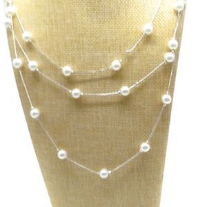 Delicate Tin Cup Faux Pearl Necklace Very Long Silver-tone Thin Chain 73 inches